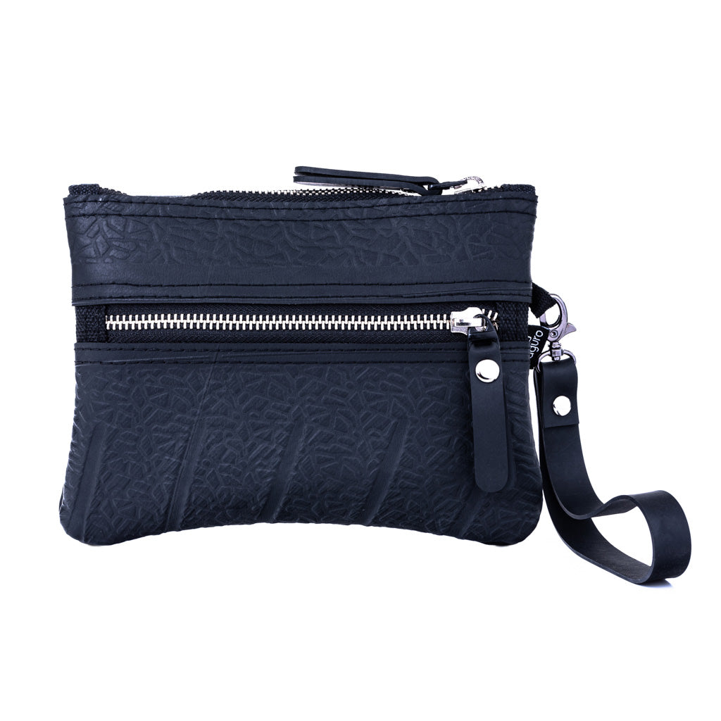 Erin Vegan Wristlet and Belt Pouch made from recycled rubber, featuring a zip pocket and wristlet strap, available in various colors.